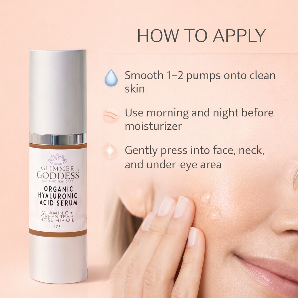 Glimmer Goddess Organic Hyaluronic Acid Serum bottle and dropper, showing application on skin for plumping hydration.