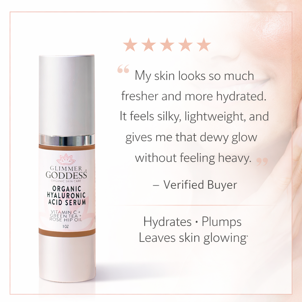 Glimmer Goddess Organic Hyaluronic Acid Serum in a glass dropper bottle, showcasing its clear, hydrating formula for plumping skin.