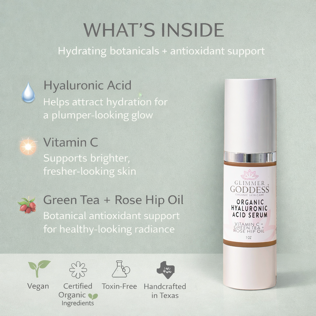 Organic Hyaluronic Acid Serum by Glimmer Goddess® Organic Skin Care, featuring natural ingredients for plumping hydration.