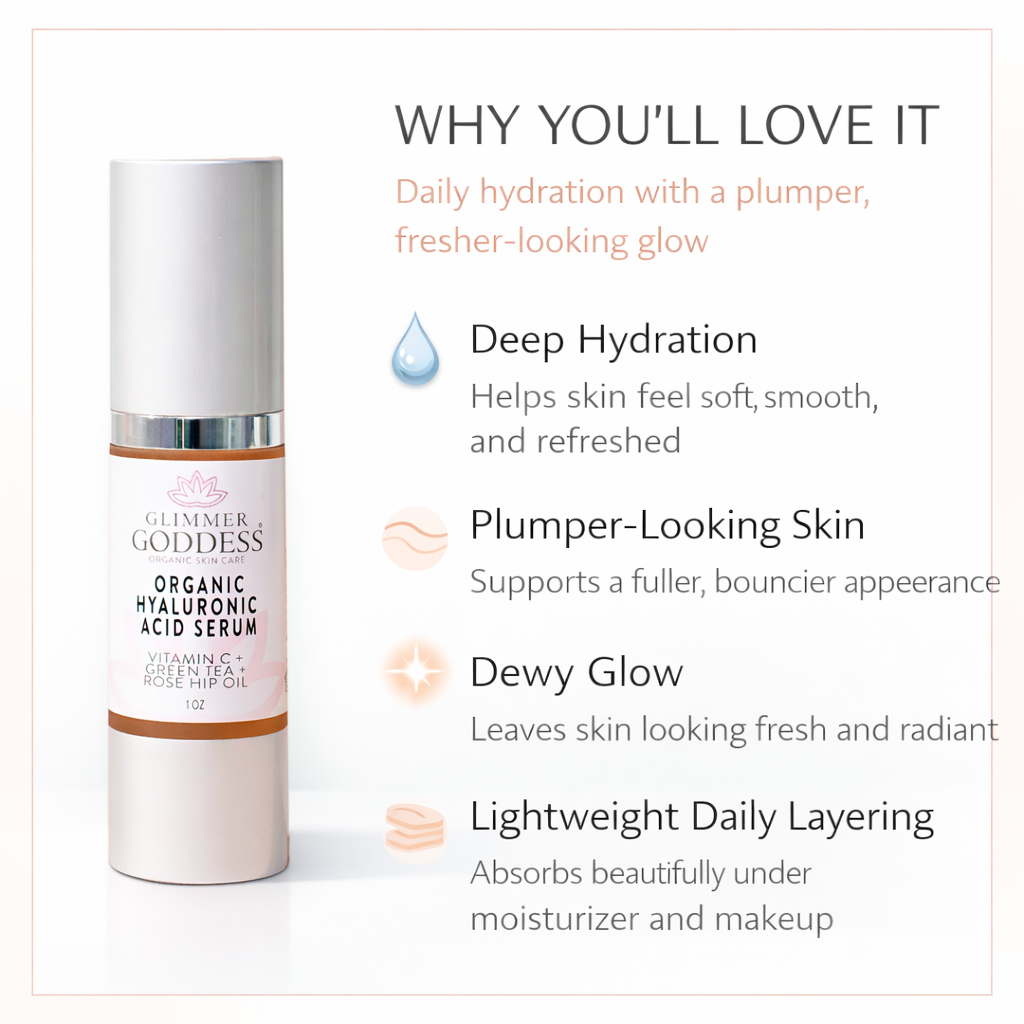 Glimmer Goddess Organic Hyaluronic Acid Serum bottle with dropper, showcasing plumping hydration for healthy skin.