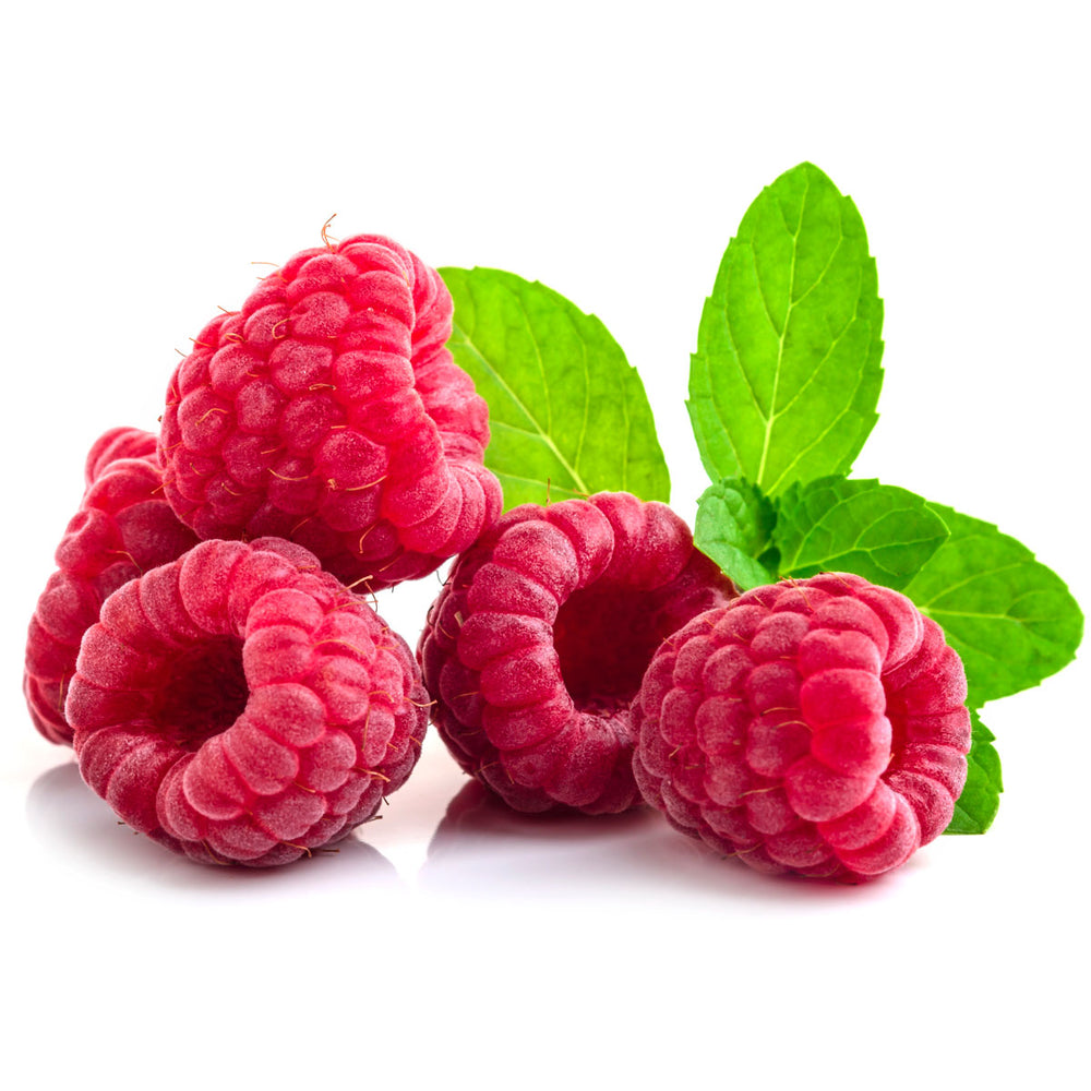 Fresh organic raspberries with green leaves on white background, skin care ingredient