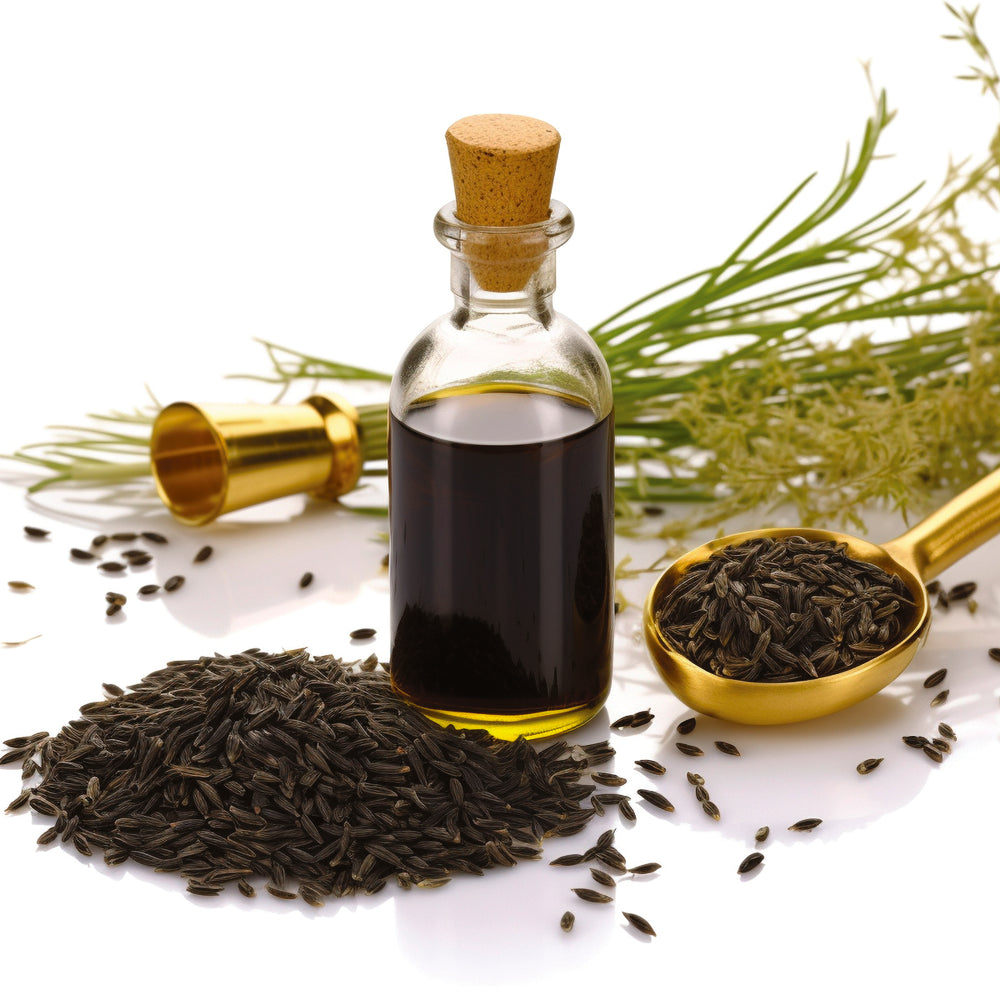 Black cumin seed oil in glass bottle with black seeds, gold spoon, herbal background