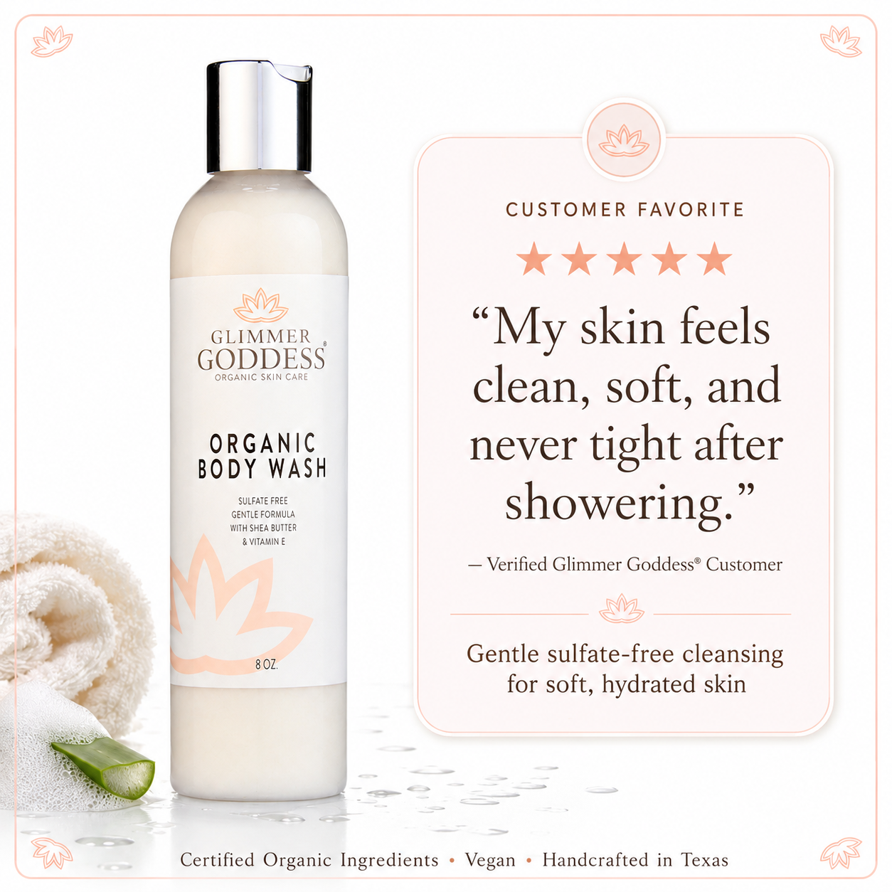 Glimmer Goddess Organic Moisturizing Body Wash testimonial image on a white background with soft brand trim, featuring the same exact white bottle from Image 1 on the left, a five-star customer review about clean soft hydrated skin, gentle sulfate-free cleansing, Certified Organic Ingredients, vegan formula, and handcrafted in Texas body care.