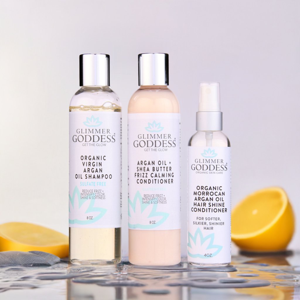 Organic Argan Oil Hair Treatment Trio, Hydrating Shampoo, Deep Conditioner, and Hair Shine Spray - Glimmer Goddess® Organic Skin Care