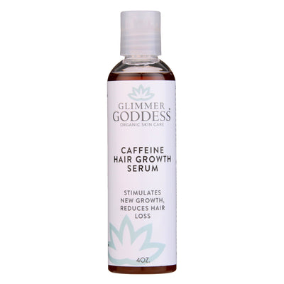 Organic caffeine hair growth serum by Glimmer Goddess for scalp treatment, showcasing the bottle with natural ingredients.