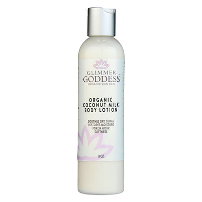 Organic Coconut Milk Body Lotion by Glimmer Goddess® for ultra-hydrating, soft, and supple skin.