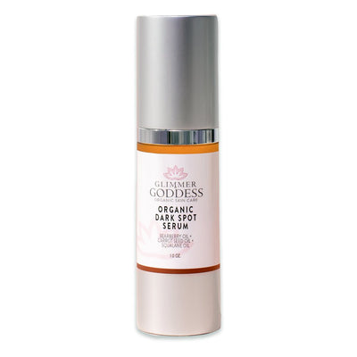Organic Dark Spot Serum by Glimmer Goddess® Organic Skin Care, showing the serum bottle with brightening and skin-evening benefits.