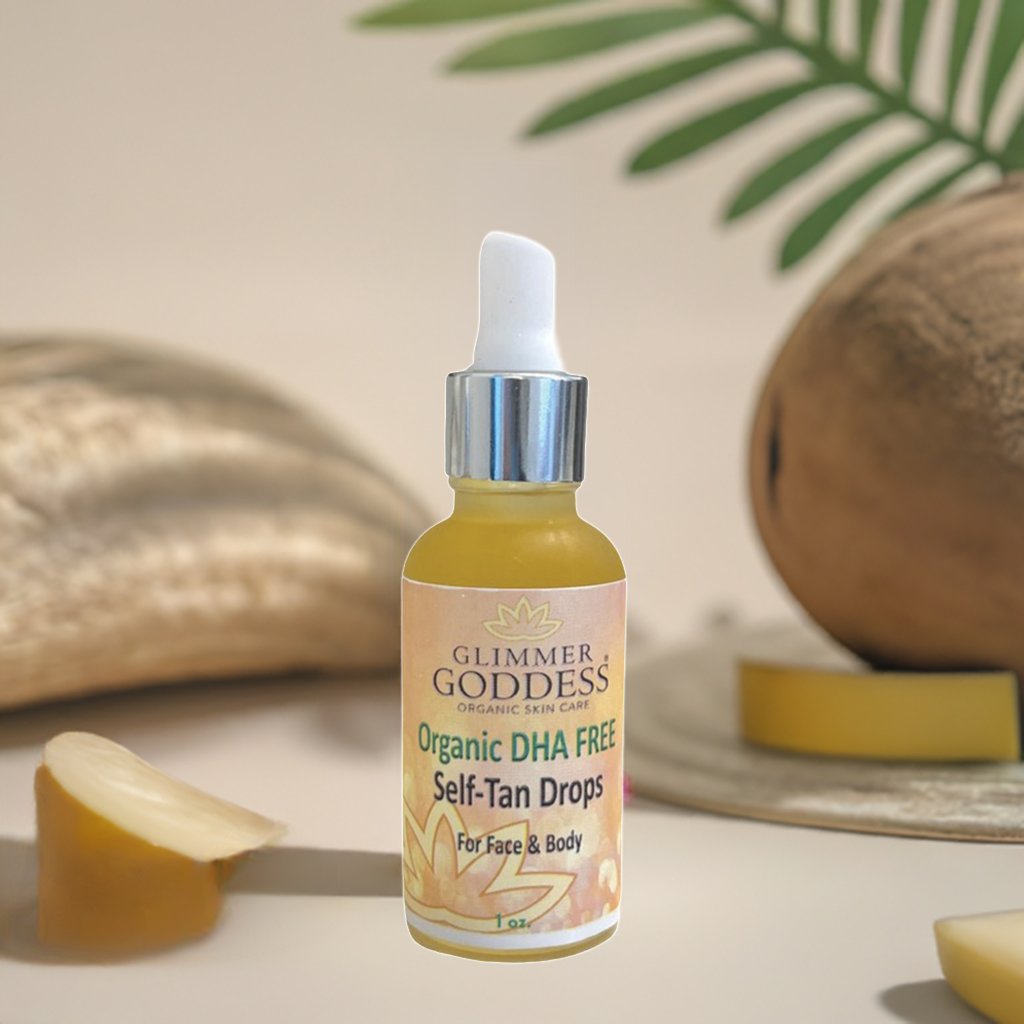 Organic DHA FREE Tanning Drops for Face & Body from Glimmer Goddess® next to coconut