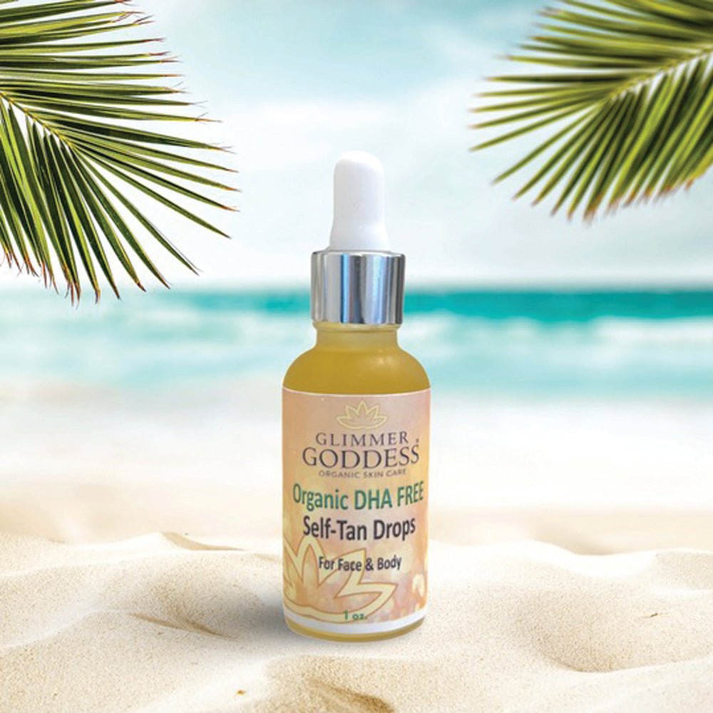 Organic DHA FREE Tanning Drops for Face & Body from Glimmer Goddess® on the beach