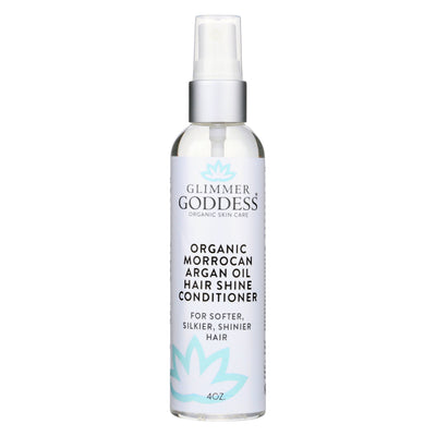 Organic Moroccan argan oil hair shine spray by Glimmer Goddess for frizz control and hydration, enhancing hair growth and shine.