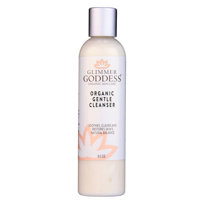 Glimmer Goddess Organic Sensitive Skin Cleanser, gentle AHA face wash suitable for all skin types, in a clear bottle with pump dispenser.