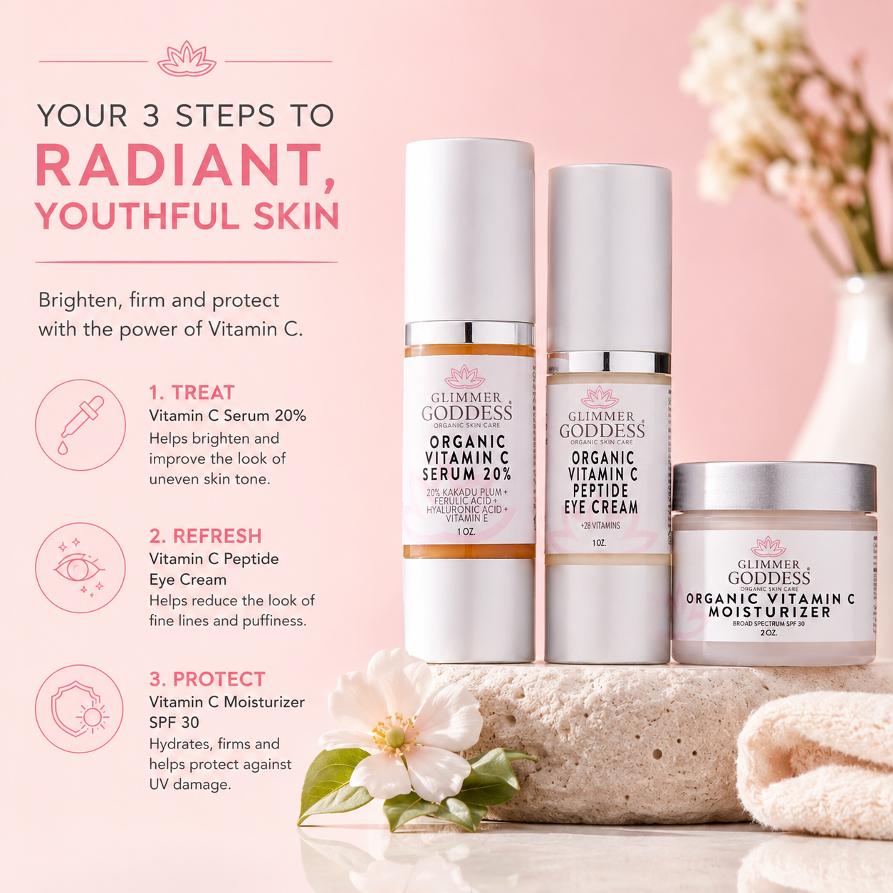 Three Glimmer Goddess skincare products are arranged on a pink background with decorative flowers and towels. The products include Organic Vitamin C Serum 203, Organic Vitamin C Peptide Eye Cream, and Organic Vitamin C Moisturizer SPF 30.
