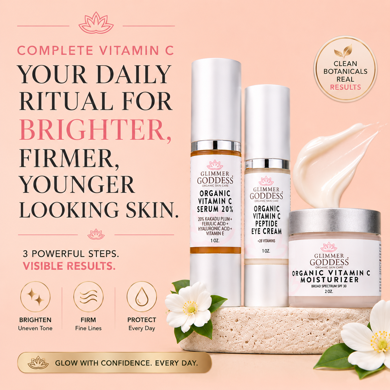 Three Glimmer Goddess skincare products arranged on a peach background with decorative text and floral props: a serum bottle, an eye cream bottle, and a moisturizer jar. The products are labeled Organic Vitamin C Serum, Organic Vitamin C Peptide Eye Cream, and Organic Vitamin C Moisturizer.