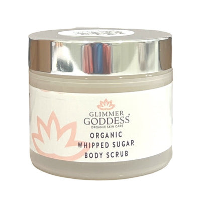 Organic whipped sugar body scrub by Glimmer Goddess® Organic Skin Care, 2 oz travel size, exfoliating and moisturizing crepey skin treatment.