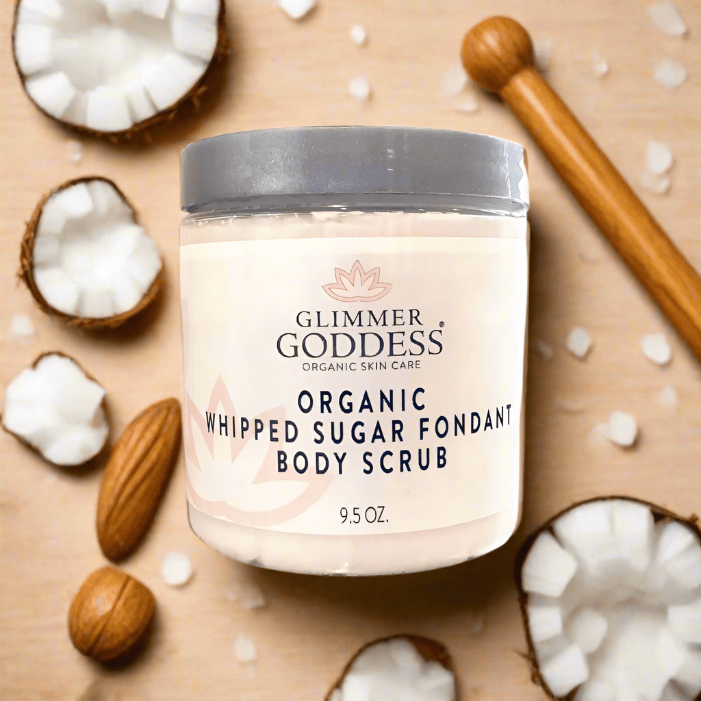 Organic Whipped Sugar Fondant Exfoliating Body Scrub - Crepey Skin Treatment - Glimmer Goddess® Organic Skin Care