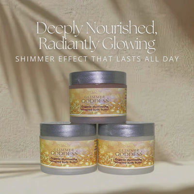 Shimmering Body Butter Trio results - before and after showing customizable shimmer glow with travel set
