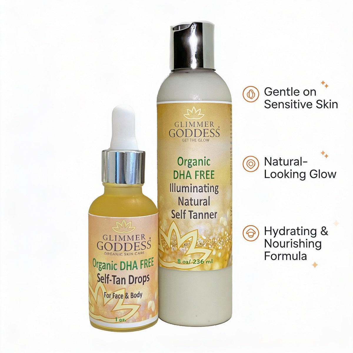 DHA freies Selbstbräuner Set – Lotion + Tropfen für natürliche Bräune ohne Geruch oder Orangestich