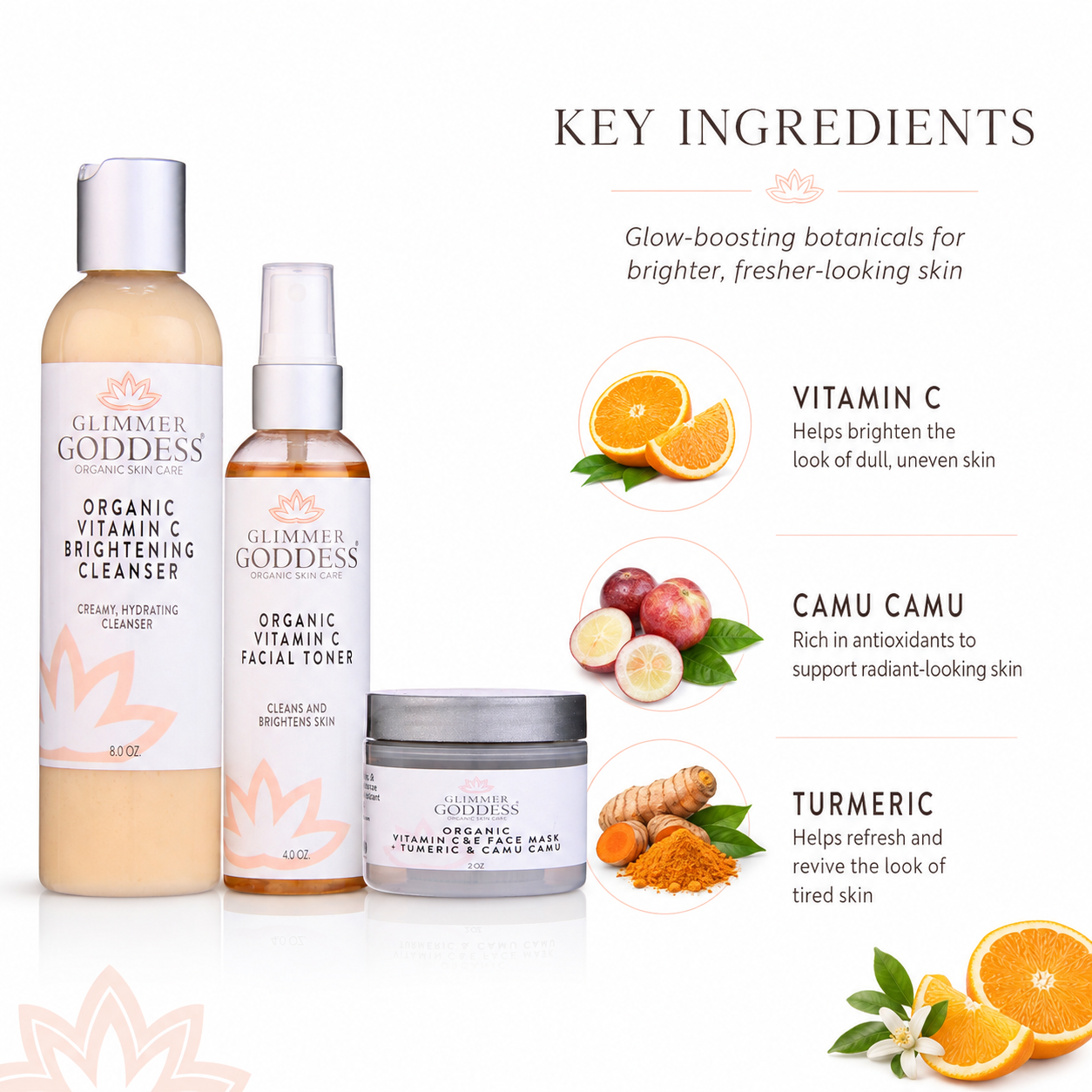 Glimmer Goddess skincare set featuring Organic Vitamin C Brightening Cleanser, Facial Toner, and Hand & Face Wash in a jar, shown alongside key ingredient callouts for Vitamin C, Camu Camu, and Turmeric on a white background.