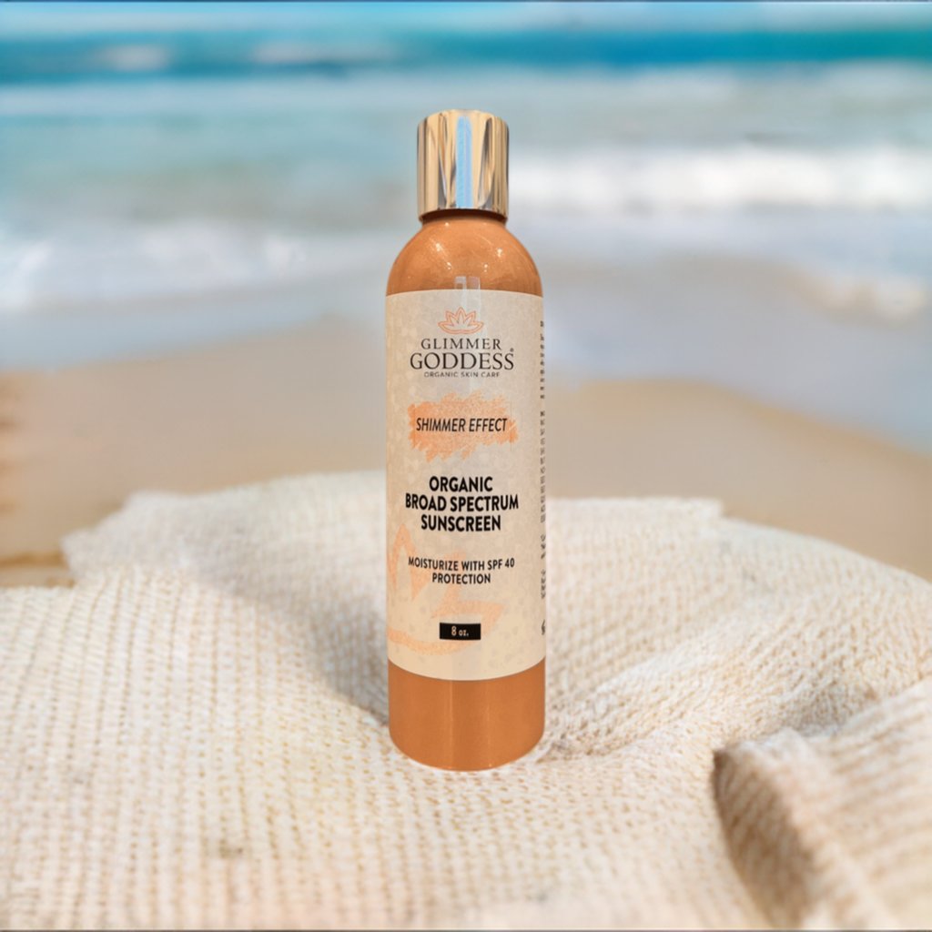 Organic Shimmer Suntan Lotion from Glimmer Goddess® on the beach