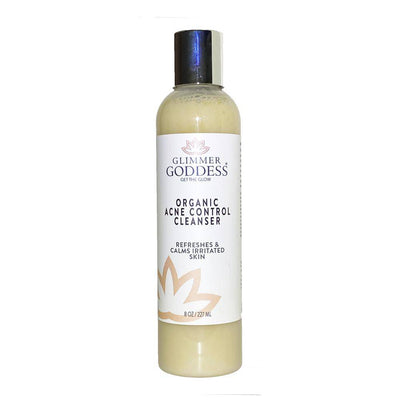 Glimmer Goddess Organic Acne Cleanser with hemp seed oil, gentle face and body wash for clear, healthy skin.