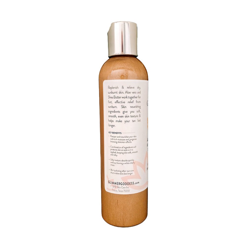 Glimmer Goddess® Organic After Sun Lotion & Tan Extender + Luminizing Shimmer benefits on bottle