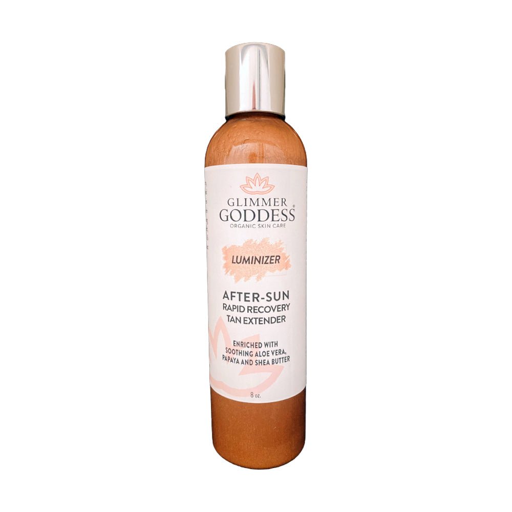 Glimmer Goddess® Organic After Sun Lotion & Tan Extender + Luminizing Shimmer front of bottle