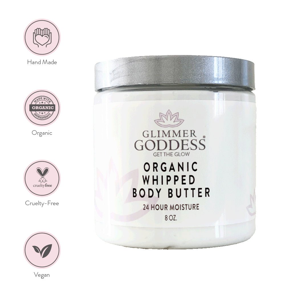 Whipped Body Butter next to handmade, organic, cruelty-free, vegan symbols